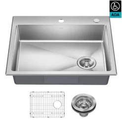 25” ADA Compliant Drop In / Top Mount Single Bowl 18-Gauge Stainless Steel Kitchen Sink
