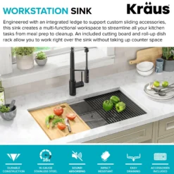 ADA Workstation 32" Undermount 16 Gauge Stainless Steel Single Bowl Kitchen Sink with Accessories