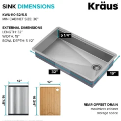 ADA Workstation 32" Undermount 16 Gauge Stainless Steel Single Bowl Kitchen Sink with Accessories