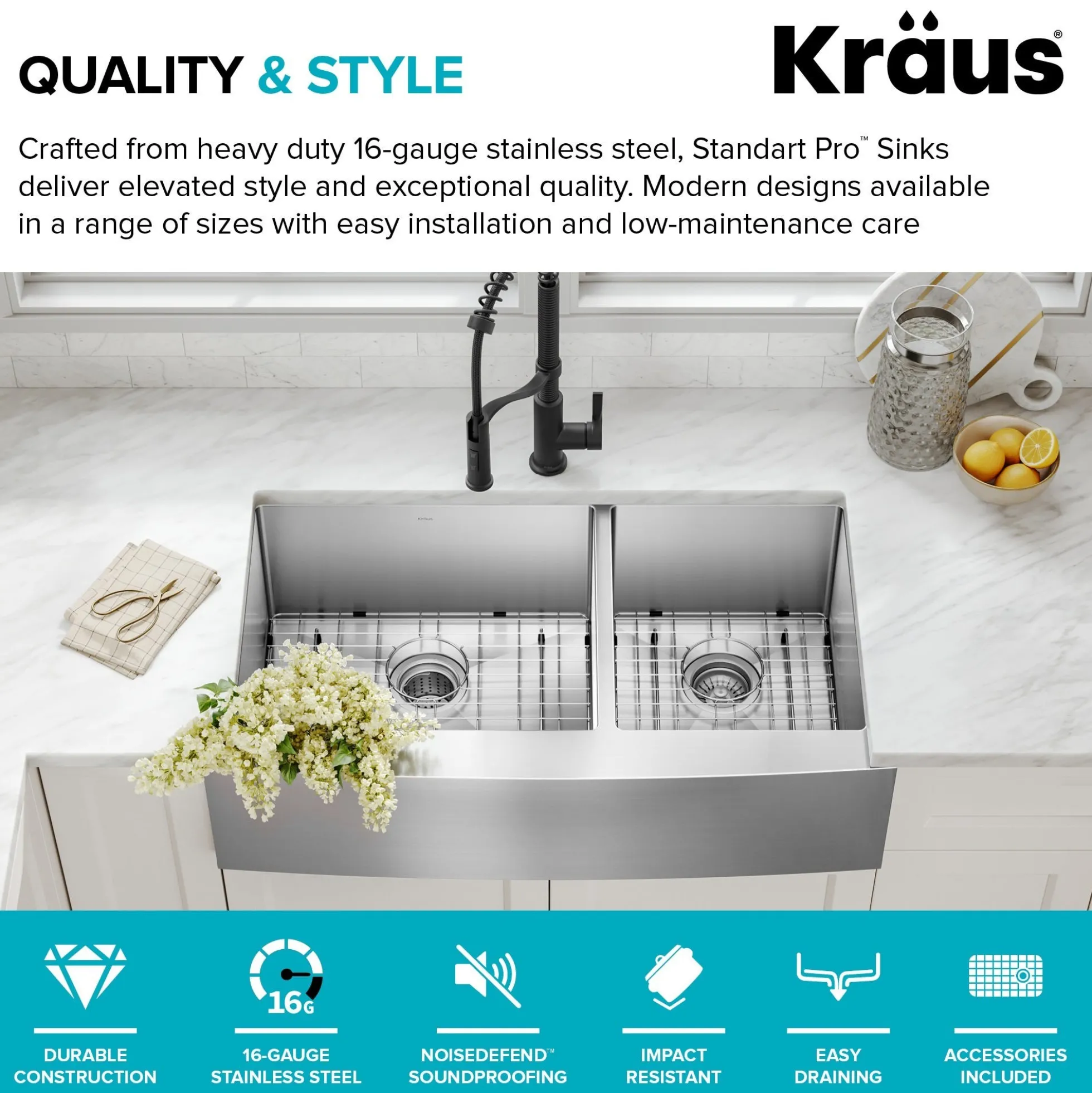 36" Apron Front Farmhouse 16 Gauge 60/40 Double Bowl Stainless Steel Kitchen Sink