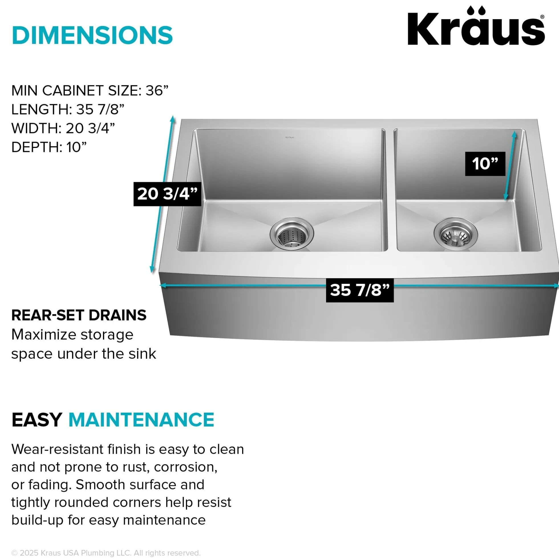 36" Apron Front Farmhouse 16 Gauge 60/40 Double Bowl Stainless Steel Kitchen Sink