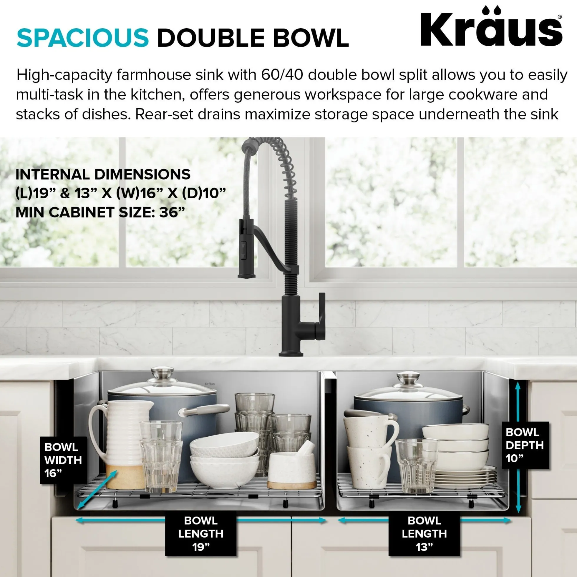 36" Apron Front Farmhouse 16 Gauge 60/40 Double Bowl Stainless Steel Kitchen Sink