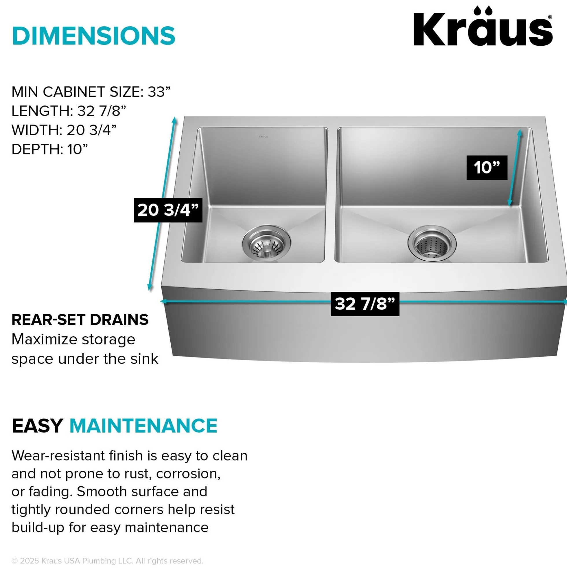 33" Apron Front Farmhouse 16 Gauge 40/60 Double Bowl Stainless Steel Kitchen Sink