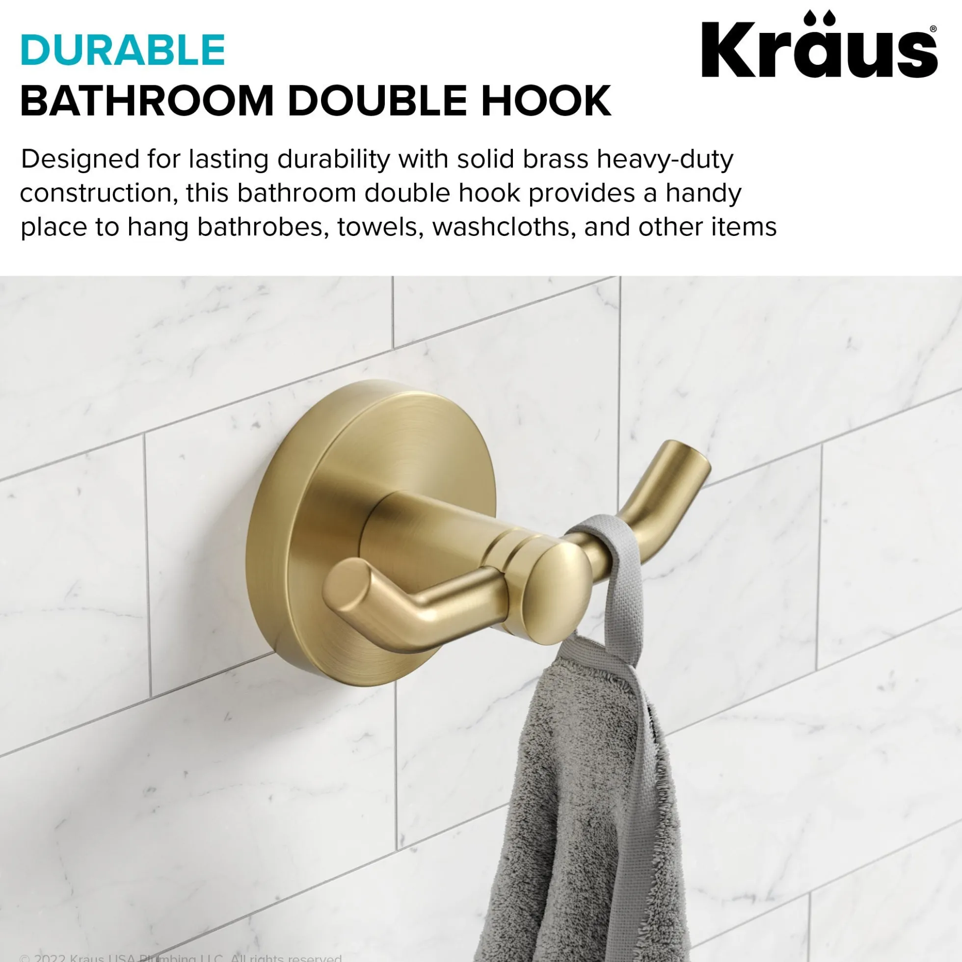 Bathroom Robe and Towel Double Hook in Brushed Gold