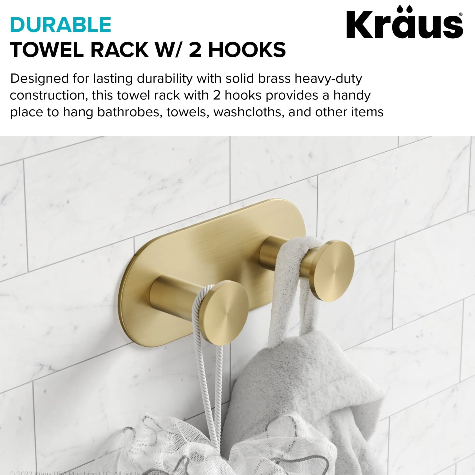 Bathroom Robe and Towel Double Hook in Brushed Gold