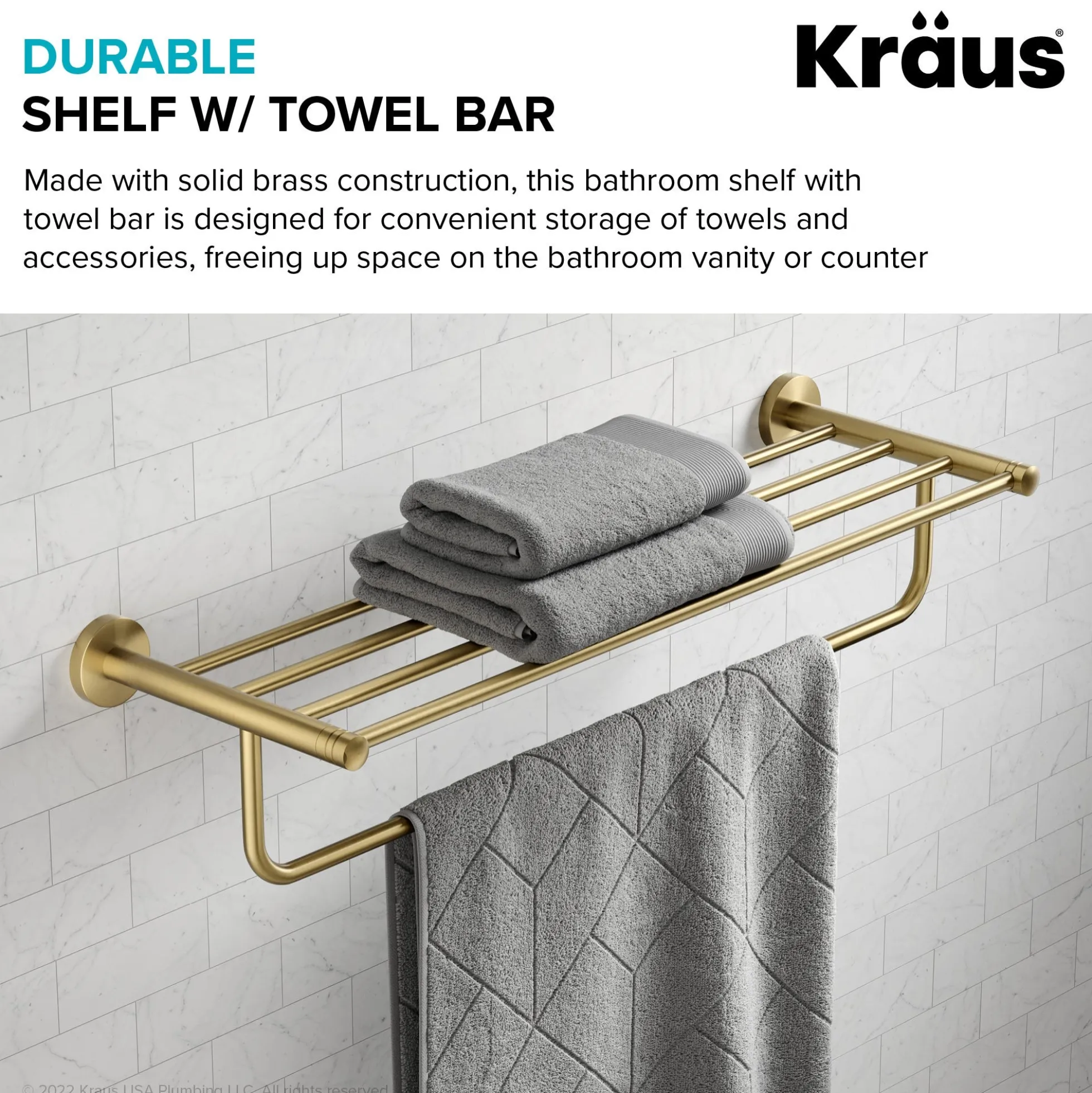 Bathroom Shelf with Towel Bar in Brushed Gold