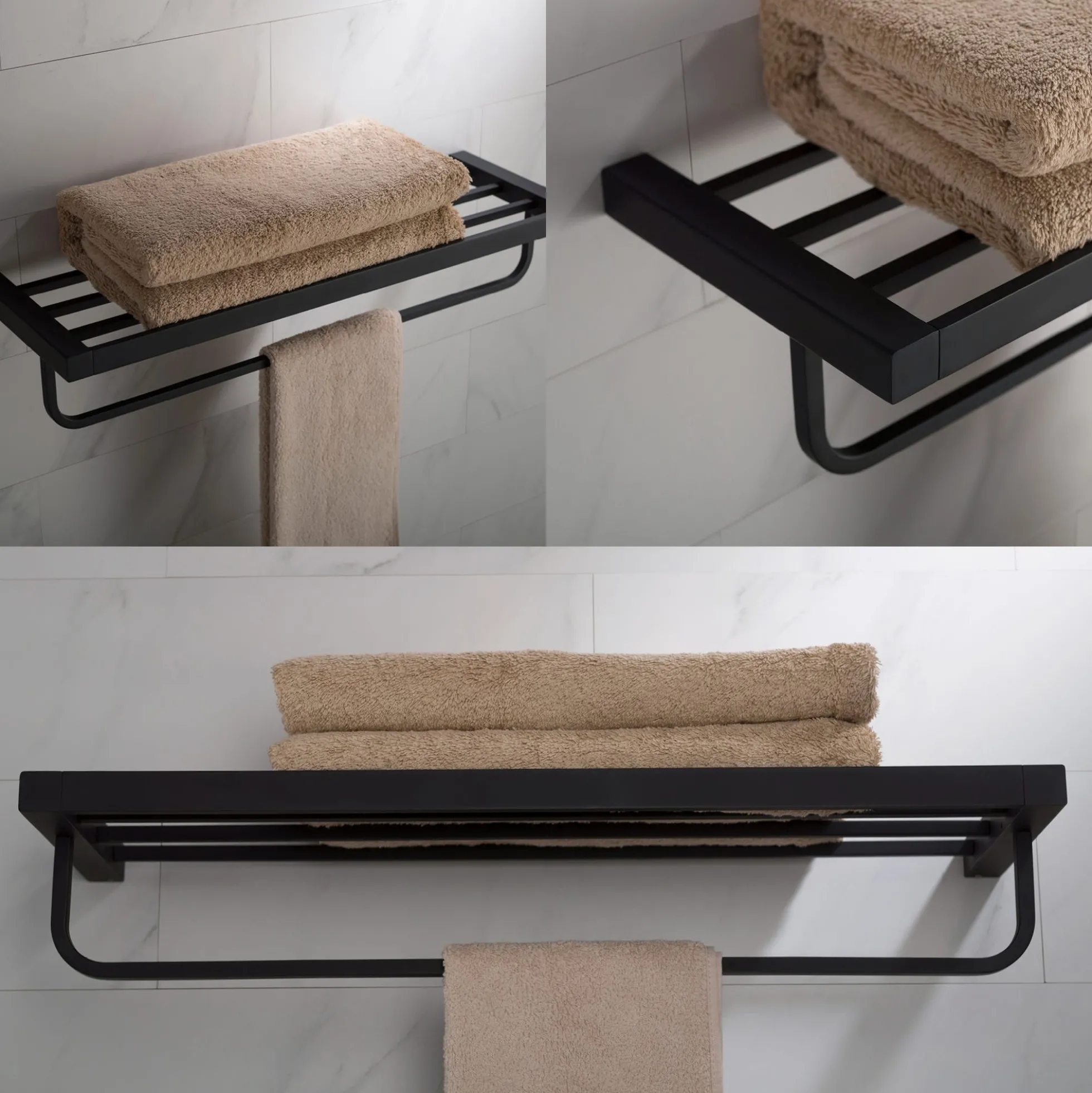 Bathroom Shelf with Towel Bar in Matte Black