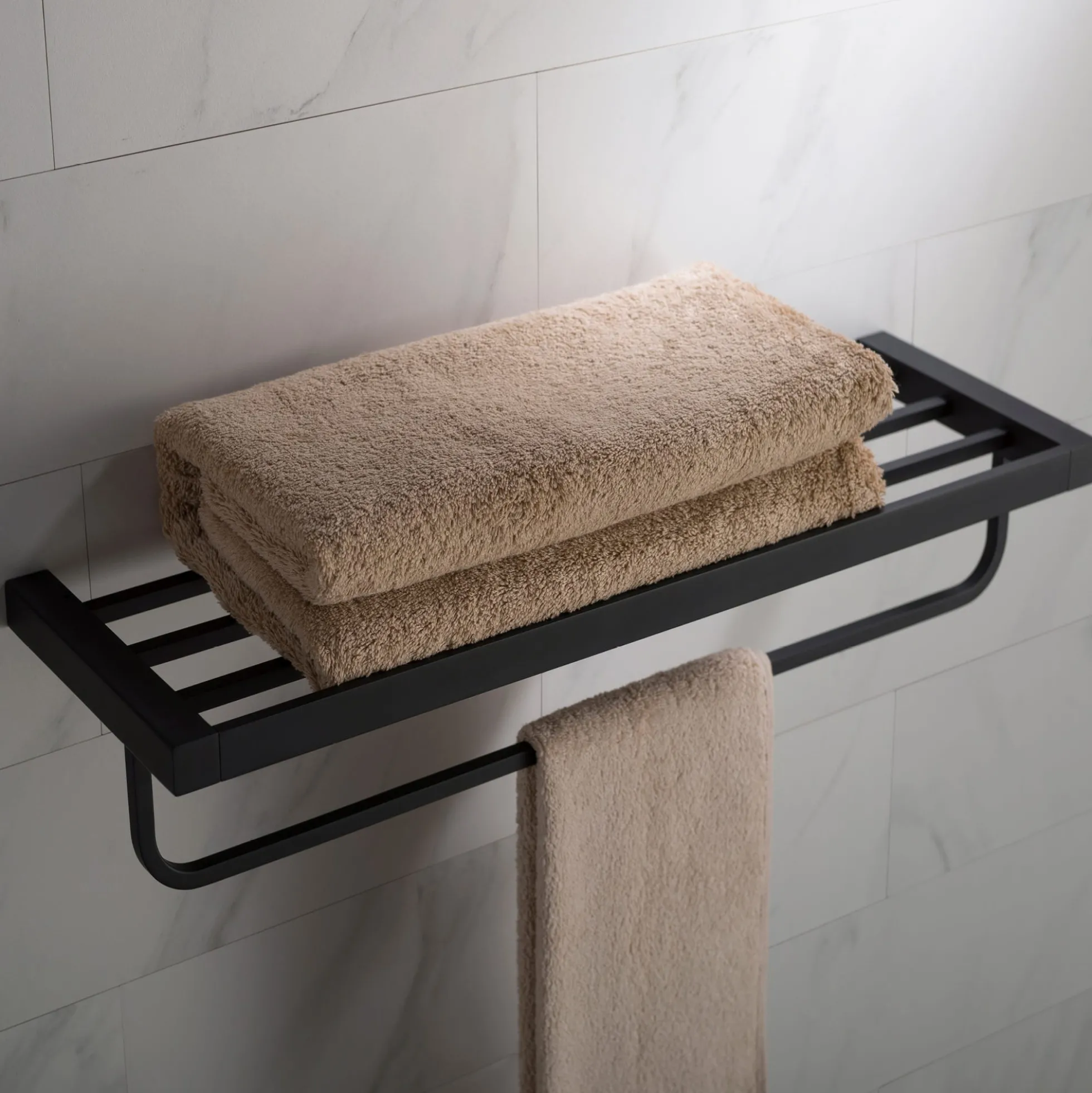 Bathroom Shelf with Towel Bar in Matte Black