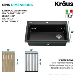 Bellucci Workstation 33 in. Drop-In Granite Composite Single Bowl Kitchen Sink in Metallic Black with Accessories with WasteGuard™ Continuous Feed Garbage Disposal