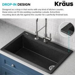 Bellucci Workstation 33 in. Drop-In Granite Composite Single Bowl Kitchen Sink in Metallic Black with Accessories with WasteGuard™ Continuous Feed Garbage Disposal