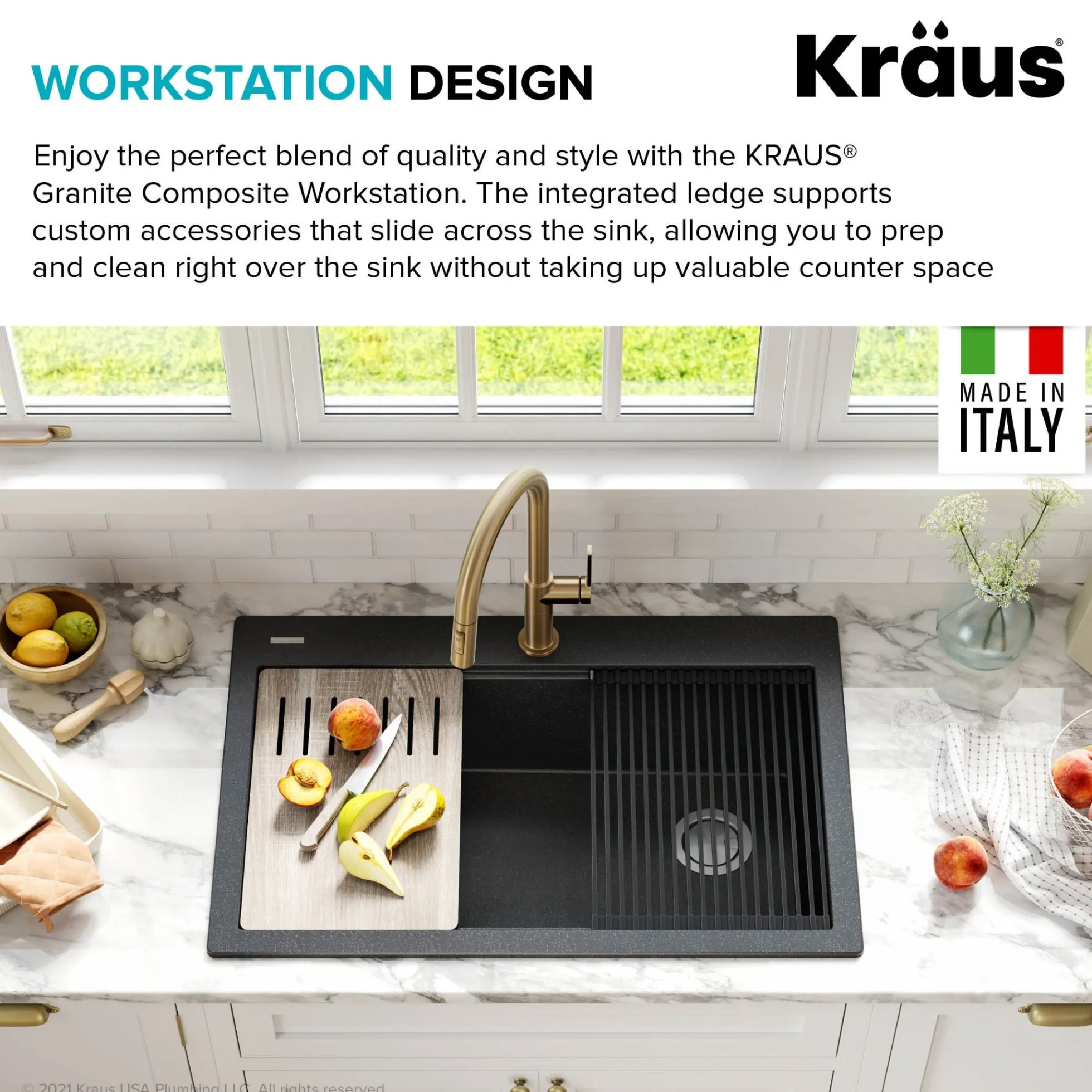 Bellucci Workstation 33 in. Drop-In Granite Composite Single Bowl Kitchen Sink in Metallic Black with Accessories with WasteGuard™ Continuous Feed Garbage Disposal