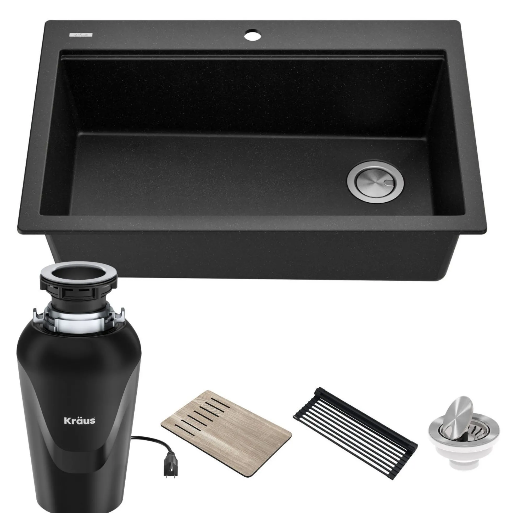 Bellucci Workstation 33 in. Drop-In Granite Composite Single Bowl Kitchen Sink in Metallic Black with Accessories with WasteGuard™ Continuous Feed Garbage Disposal