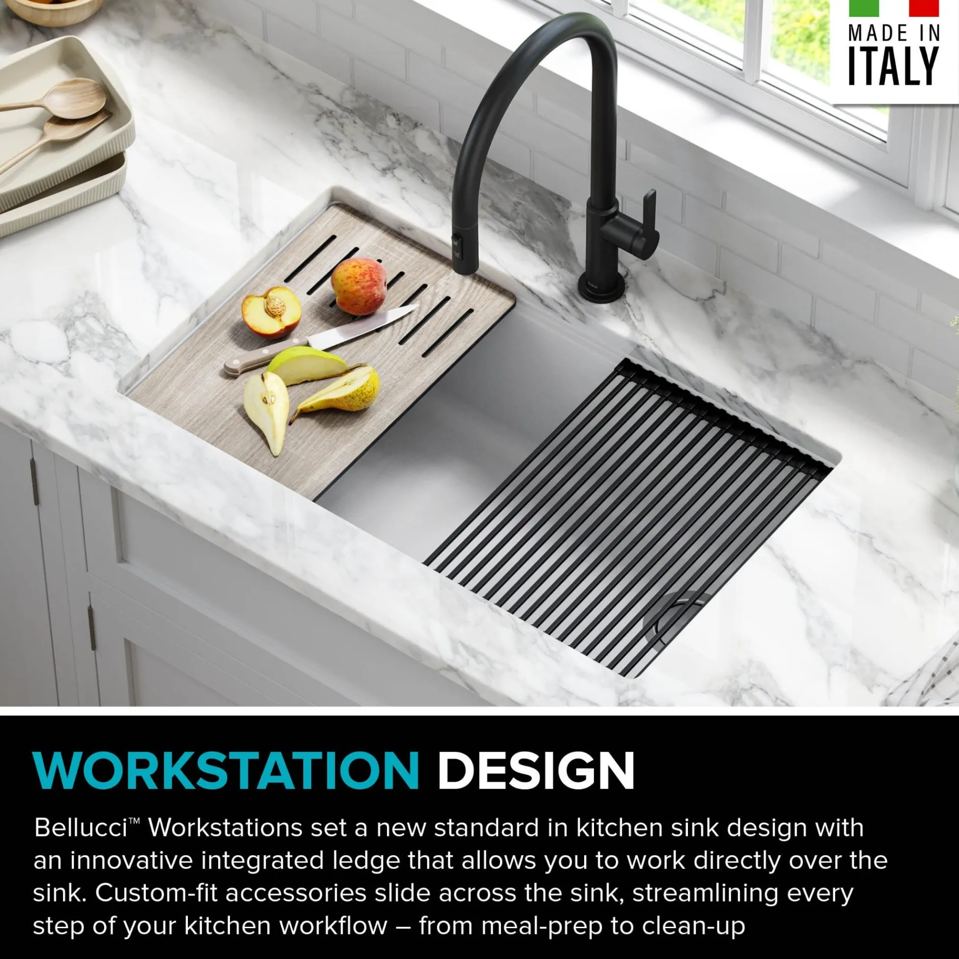Bellucci Workstation 32 in. Undermount Granite Composite Single Bowl Kitchen Sink in White with Accessories with WasteGuard™ Continuous Feed Garbage Disposal