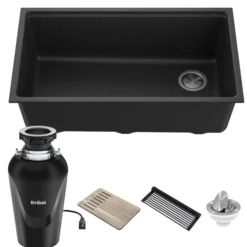 Bellucci Workstation 32 in. Undermount Granite Composite Single Bowl Kitchen Sink in Metallic Black with Accessories with WasteGuard™ Continuous Feed Garbage Disposal