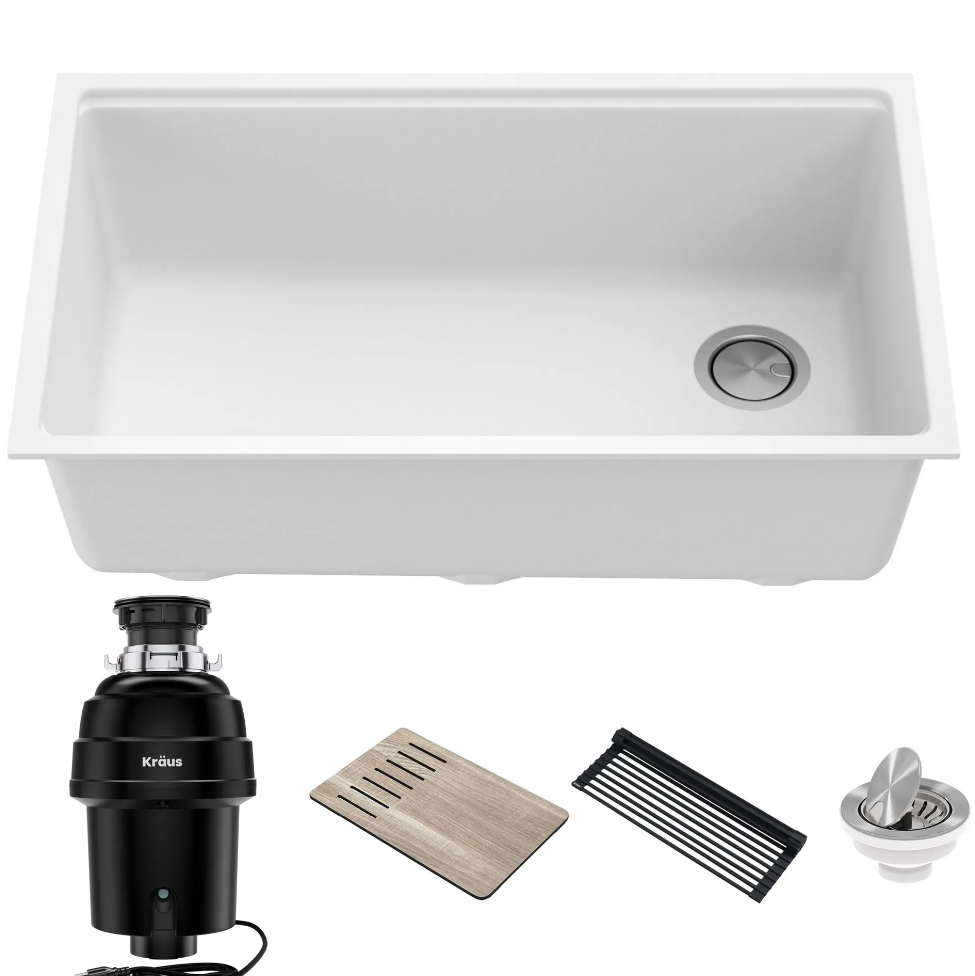 Bellucci Workstation 32 in. Undermount Granite Composite Single Bowl Kitchen Sink in White with WasteGuard™ 1 HP Continuous Feed Garbage Disposal and Accessories