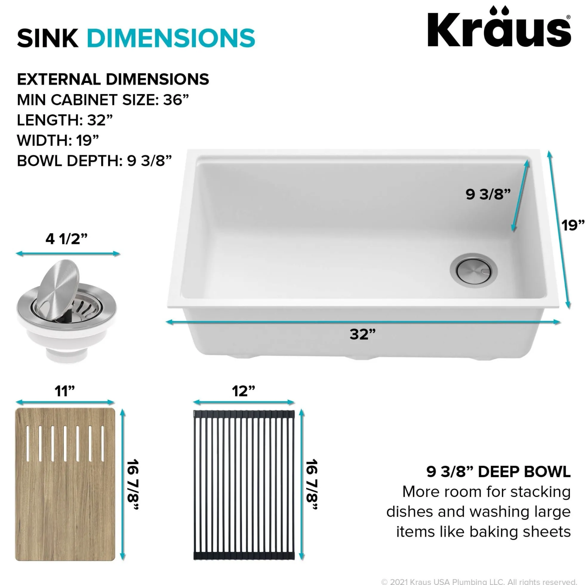Bellucci Workstation 32 in. Undermount Granite Composite Single Bowl Kitchen Sink in White with WasteGuard™ 1 HP Continuous Feed Garbage Disposal and Accessories