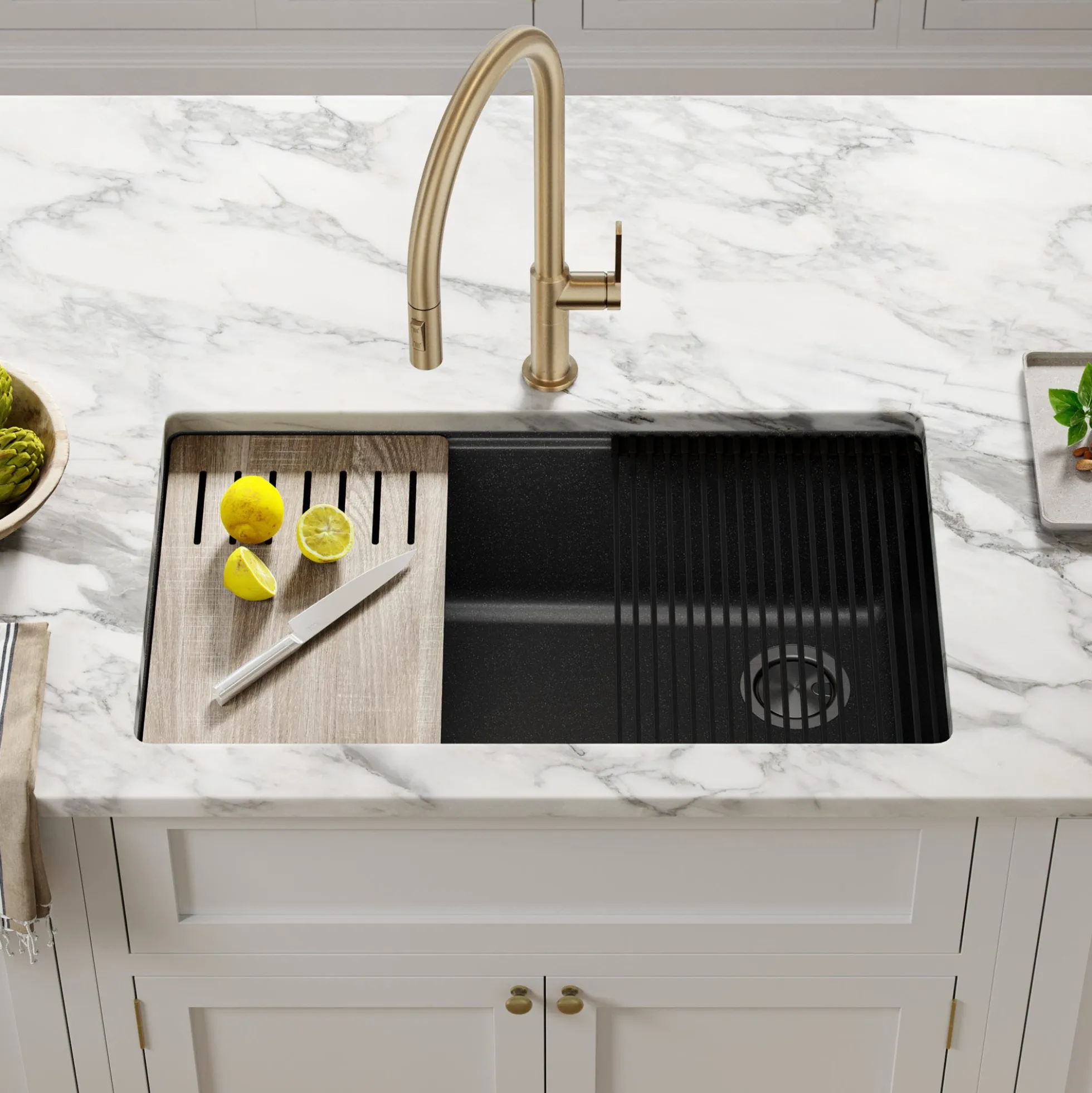 Bellucci Workstation 32 in. Undermount Granite Composite Single Bowl Kitchen Sink in Metallic Black with WasteGuard™ 1 HP Continuous Feed Garbage Disposal and Accessories