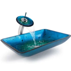 Blue Rectangular Glass Vessel 22" Bathroom Sink w/ Pop-Up Drain in Oil Rubbed Bronze