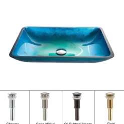 Blue Rectangular Glass Vessel 22" Bathroom Sink w/ Pop-Up Drain in Satin Nickel