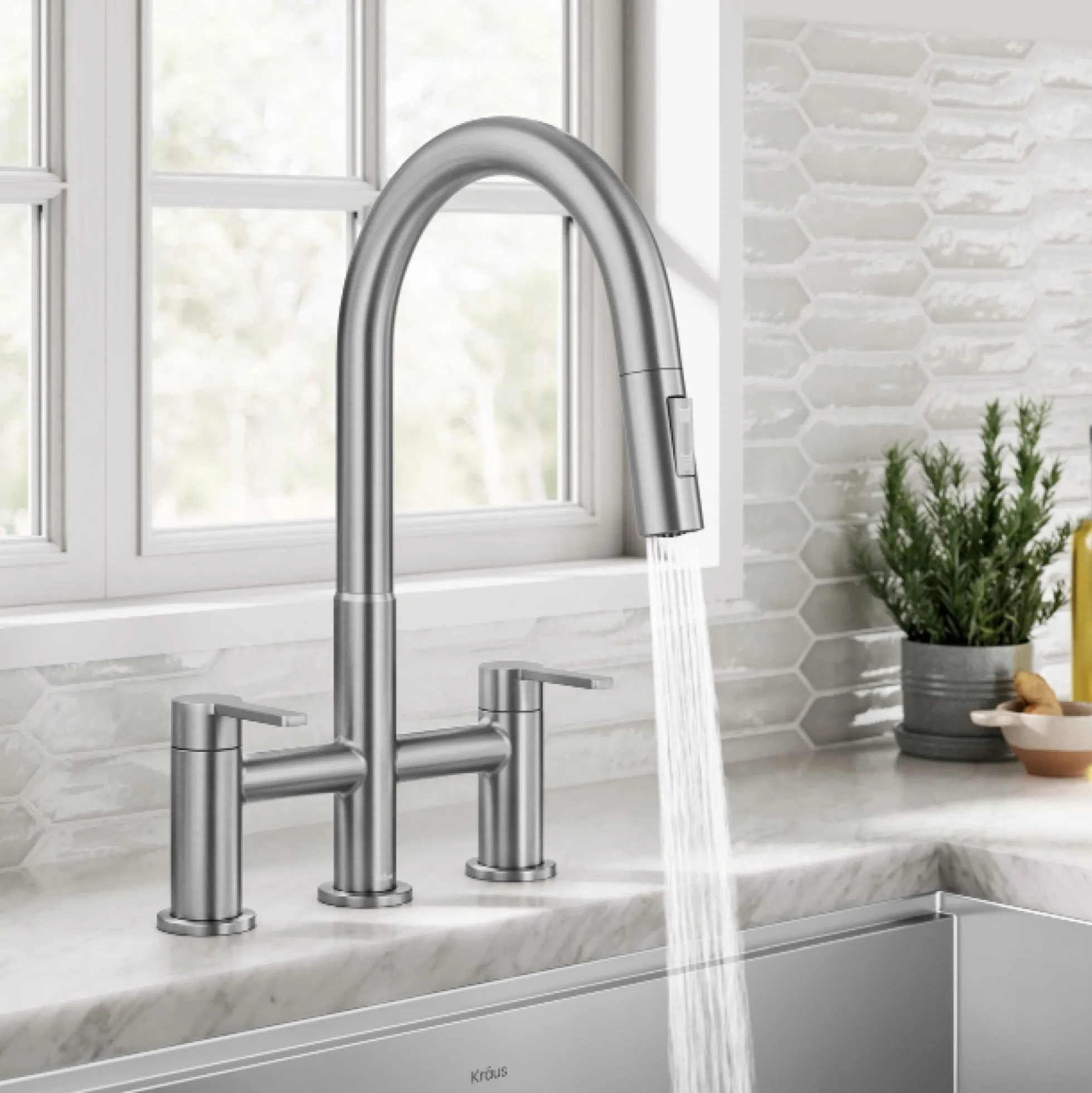 Bridge Kitchen Faucet with Pull-Down Sprayhead in Spot-Free Stainless Steel