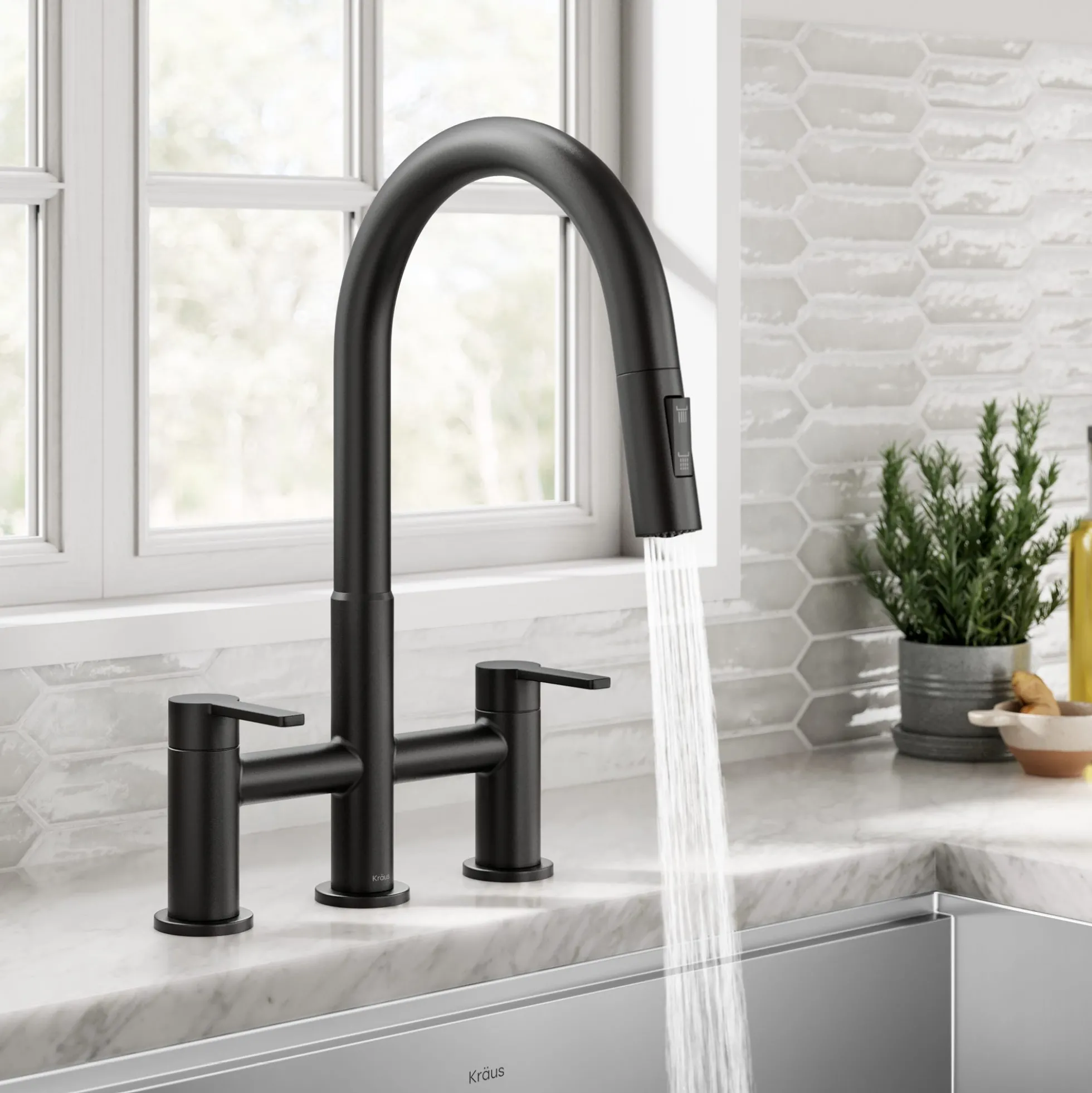 Bridge Kitchen Faucet with Pull-Down Sprayhead in Matte Black