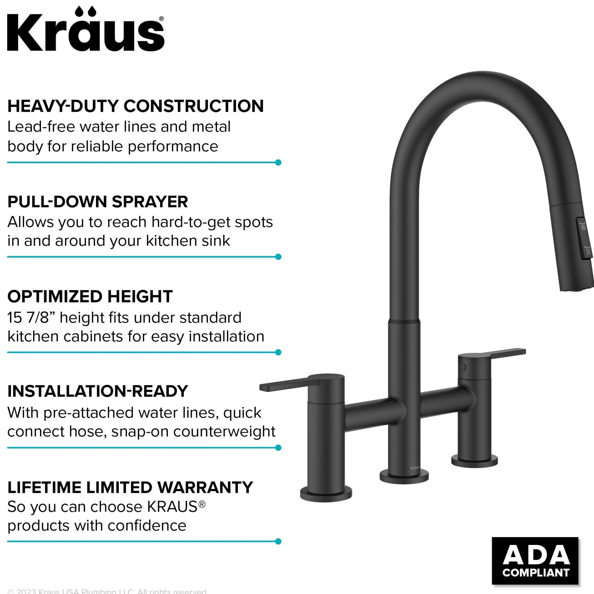 Bridge Kitchen Faucet with Pull-Down Sprayhead in Matte Black