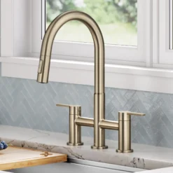 Bridge Kitchen Faucet with Pull-Down Sprayhead in Spot-Free Antique Champagne Bronze