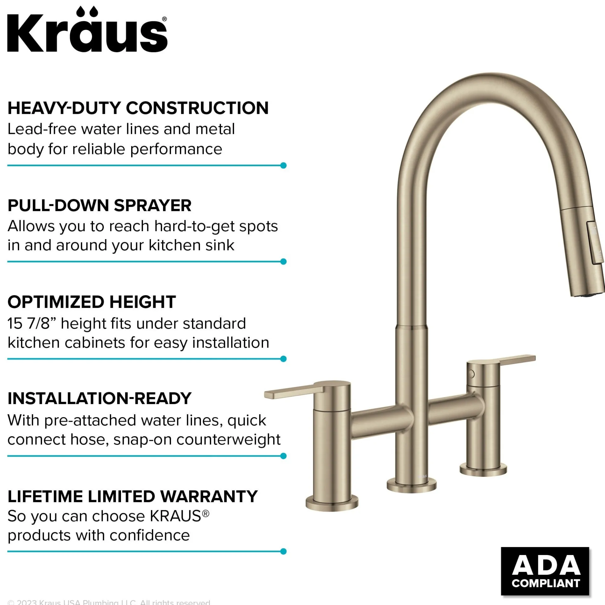 Bridge Kitchen Faucet with Pull-Down Sprayhead in Spot-Free Antique Champagne Bronze