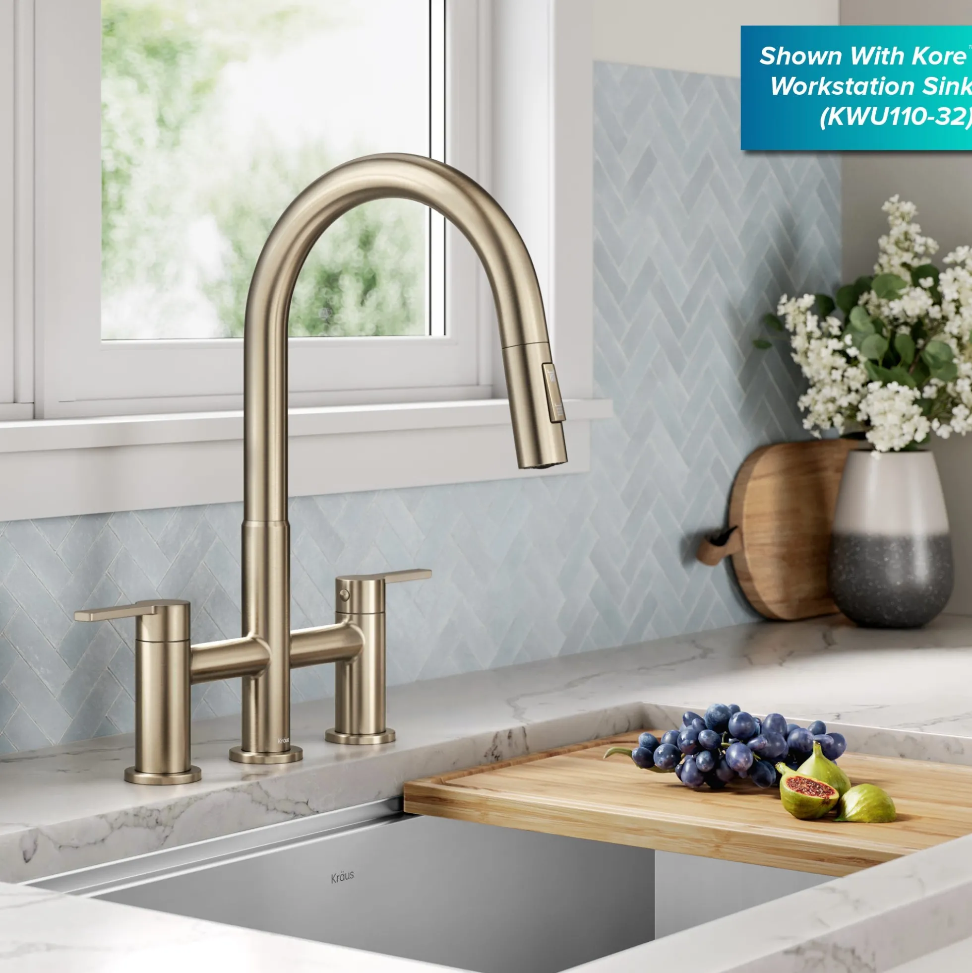 Bridge Kitchen Faucet with Pull-Down Sprayhead in Spot-Free Antique Champagne Bronze