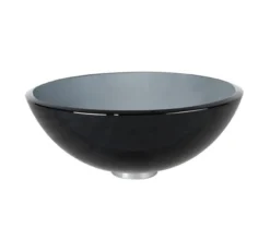 Clear Black Glass Vessel 14" Bathroom Sink w/ Pop-Up Drain in Satin Nickel
