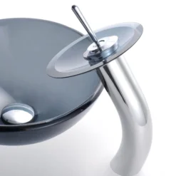 Clear Black Glass Vessel 14" Bathroom Sink w/ Pop-Up Drain in Satin Nickel