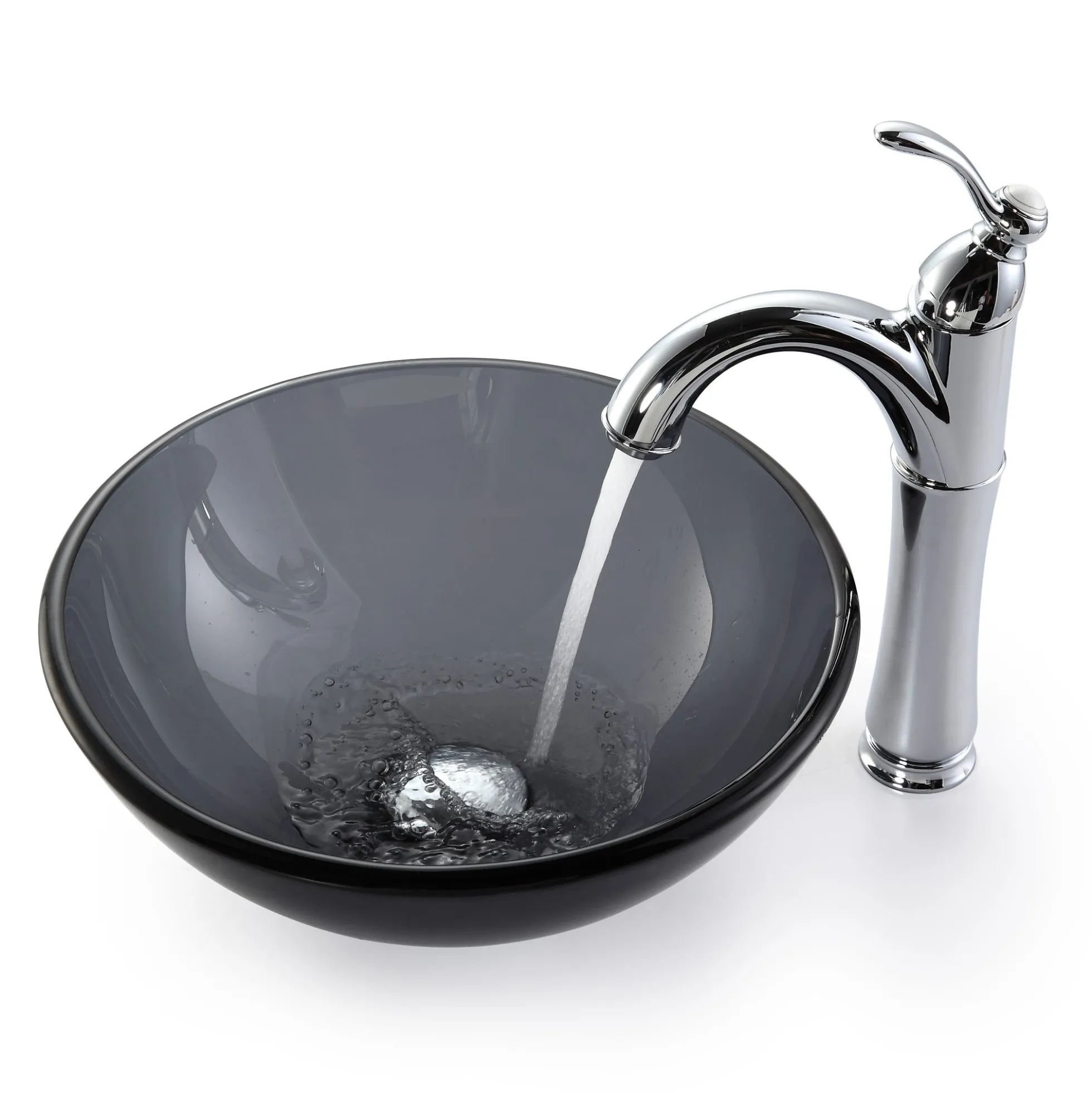 Clear Black Glass Vessel 14" Bathroom Sink w/ Pop-Up Drain in Satin Nickel