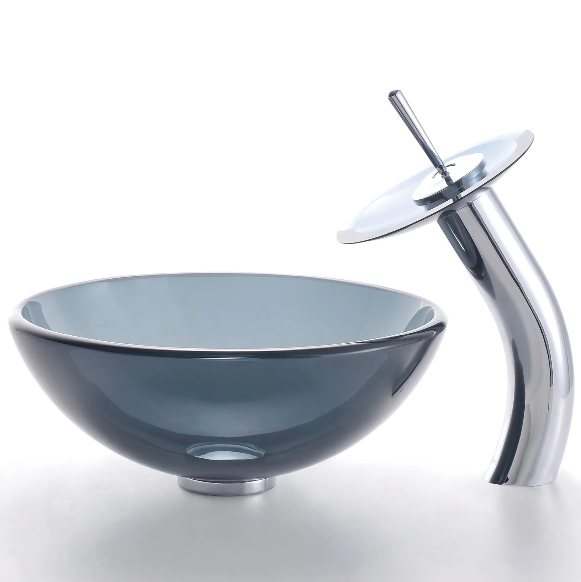 Clear Black Glass Vessel 14" Bathroom Sink w/ Pop-Up Drain in Satin Nickel