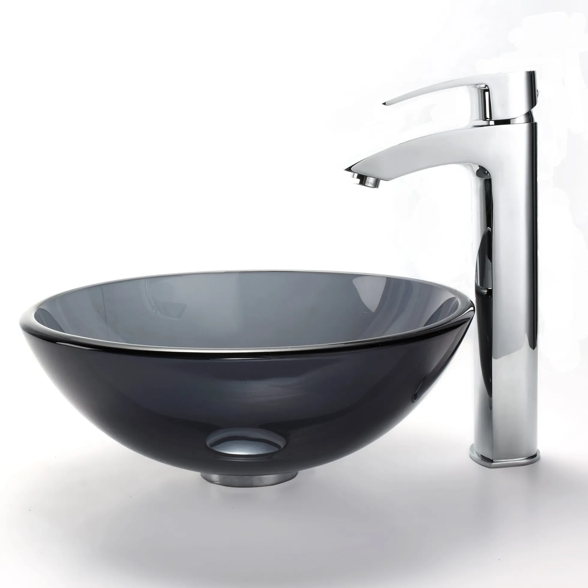 Clear Black Glass Vessel 14" Bathroom Sink w/ Pop-Up Drain in Satin Nickel