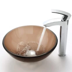 Clear Brown Glass Vessel 14" Bathroom Sink w/ Pop-Up Drain in Oil Rubbed Bronze