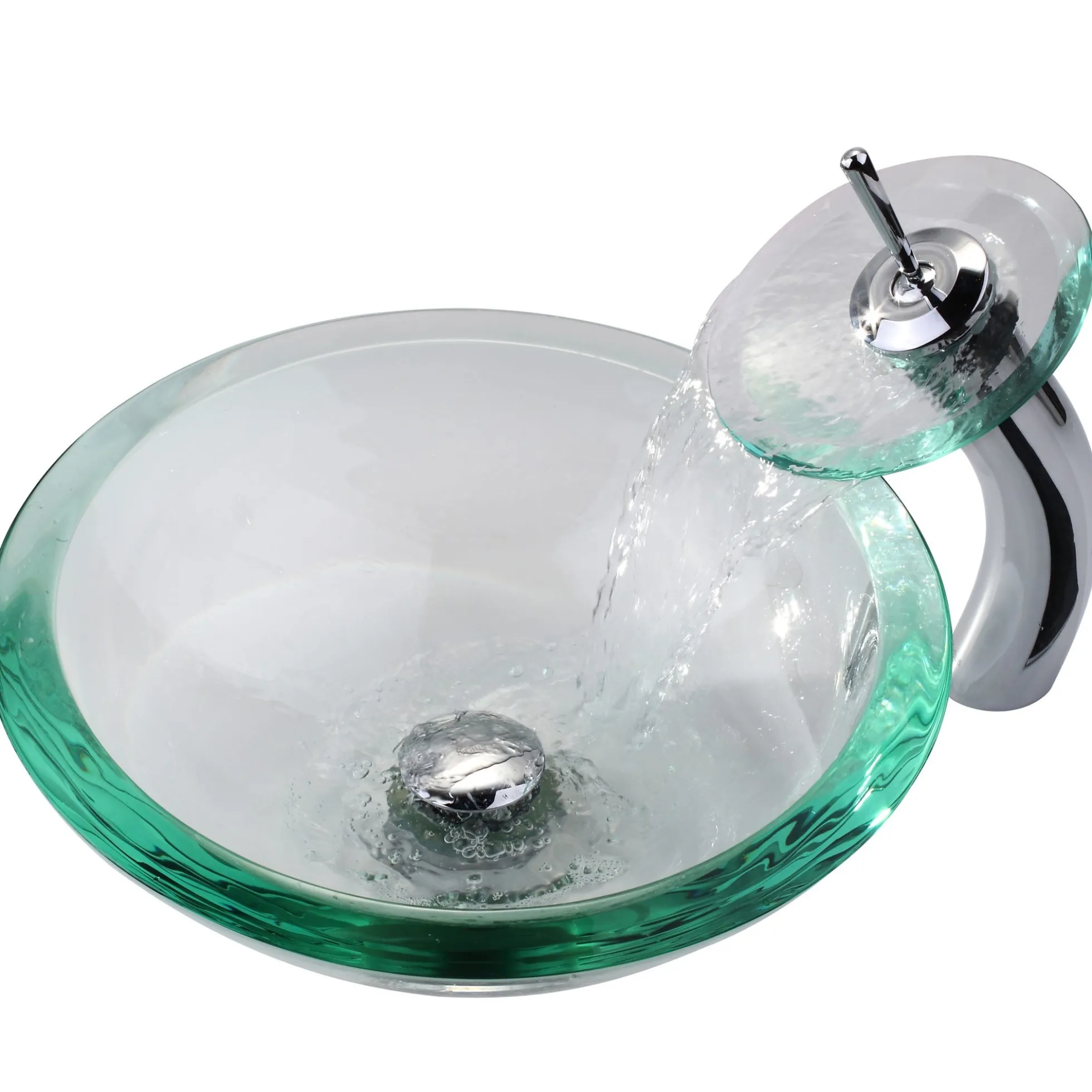 Clear Glass Vessel 17" Bathroom Sink w/ Pop-Up Drain in Satin Nickel