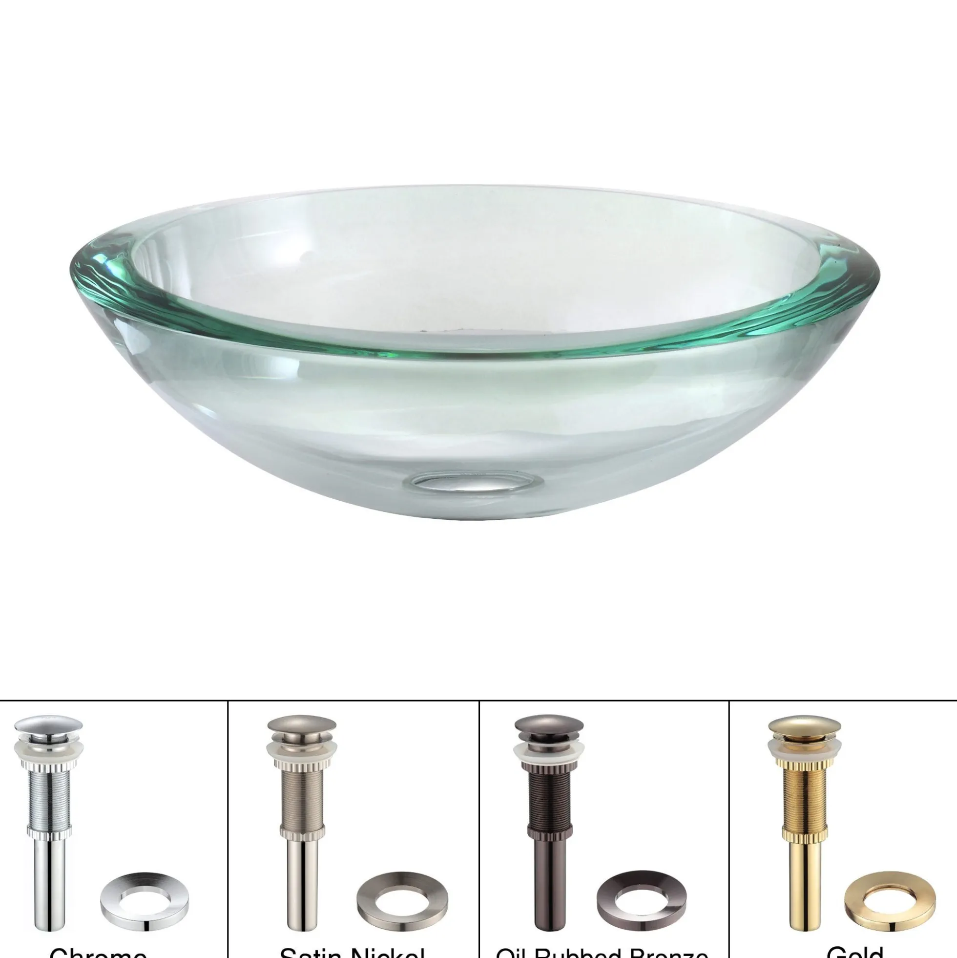 Clear Glass Vessel 17" Bathroom Sink w/ Pop-Up Drain in Satin Nickel