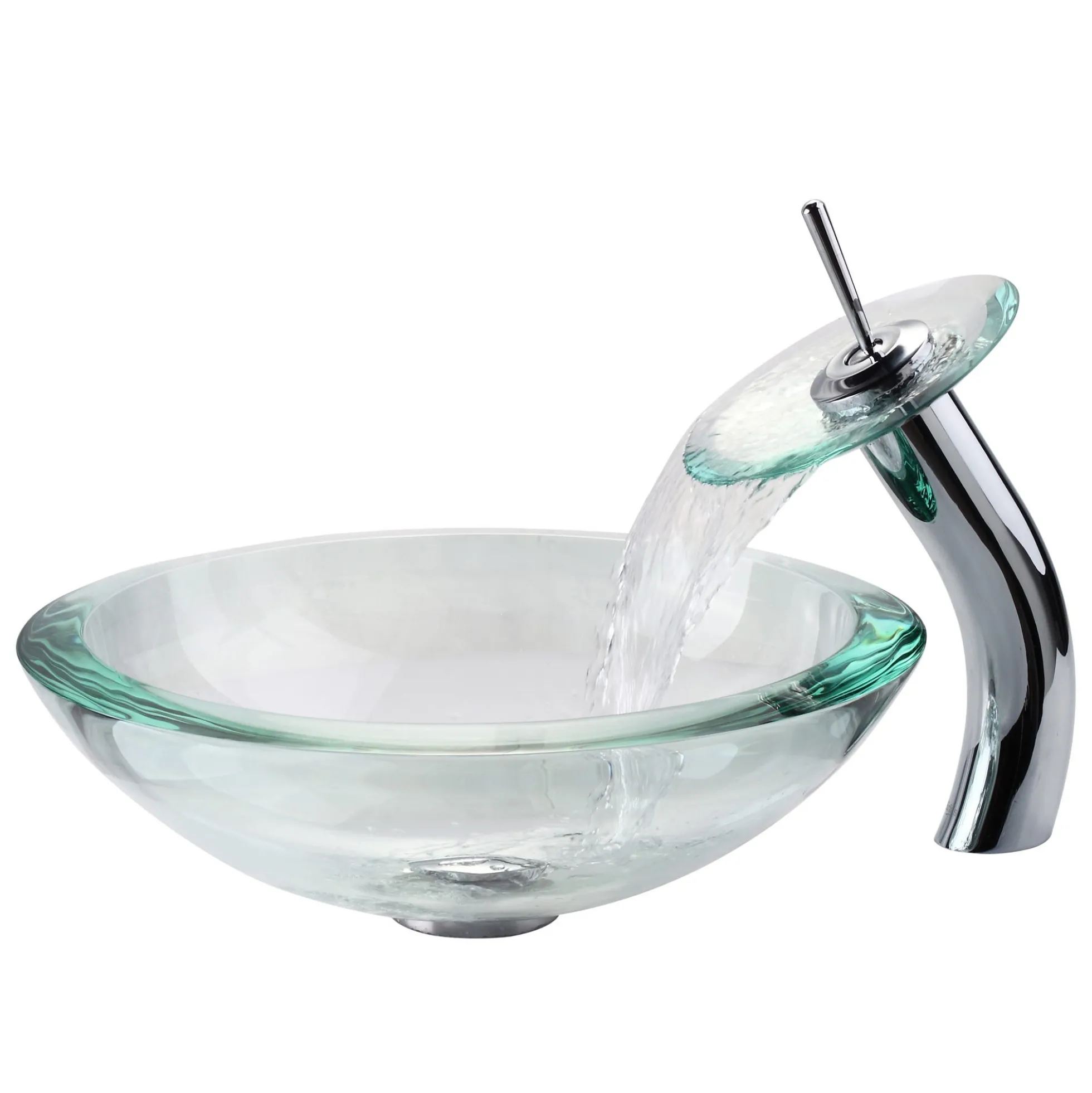 Clear Glass Vessel 17" Bathroom Sink w/ Pop-Up Drain in Satin Nickel