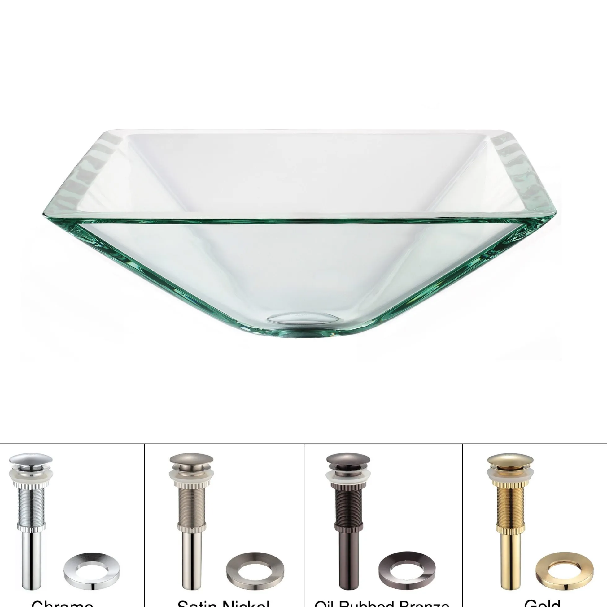 Clear Square Glass Vessel 16 1/2" Bathroom Sink w/ Pop-Up Drain in Chrome