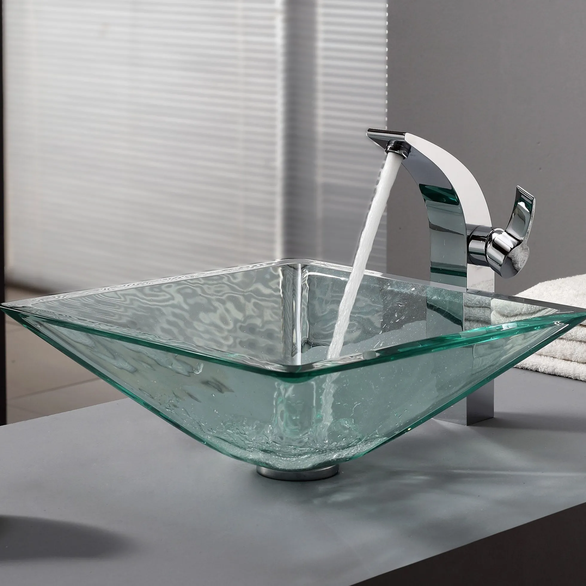 Clear Square Glass Vessel 16 1/2" Bathroom Sink w/ Pop-Up Drain in Satin Nickel