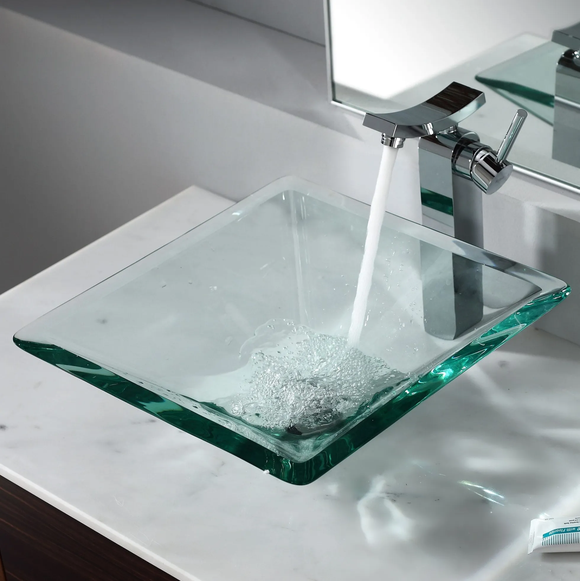 Clear Square Glass Vessel 16 1/2" Bathroom Sink w/ Pop-Up Drain in Satin Nickel