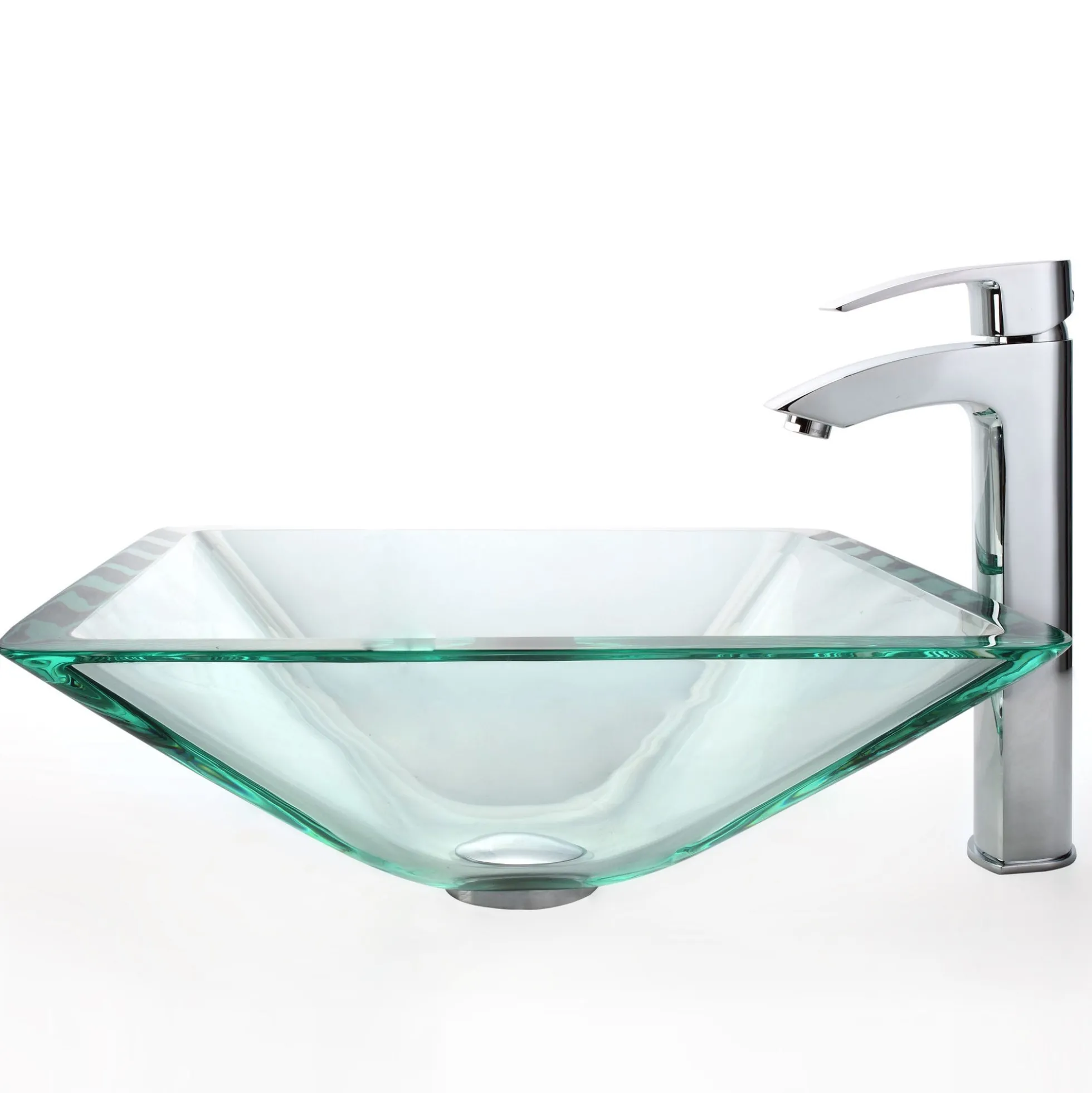 Clear Square Glass Vessel 16 1/2" Bathroom Sink w/ Pop-Up Drain in Satin Nickel