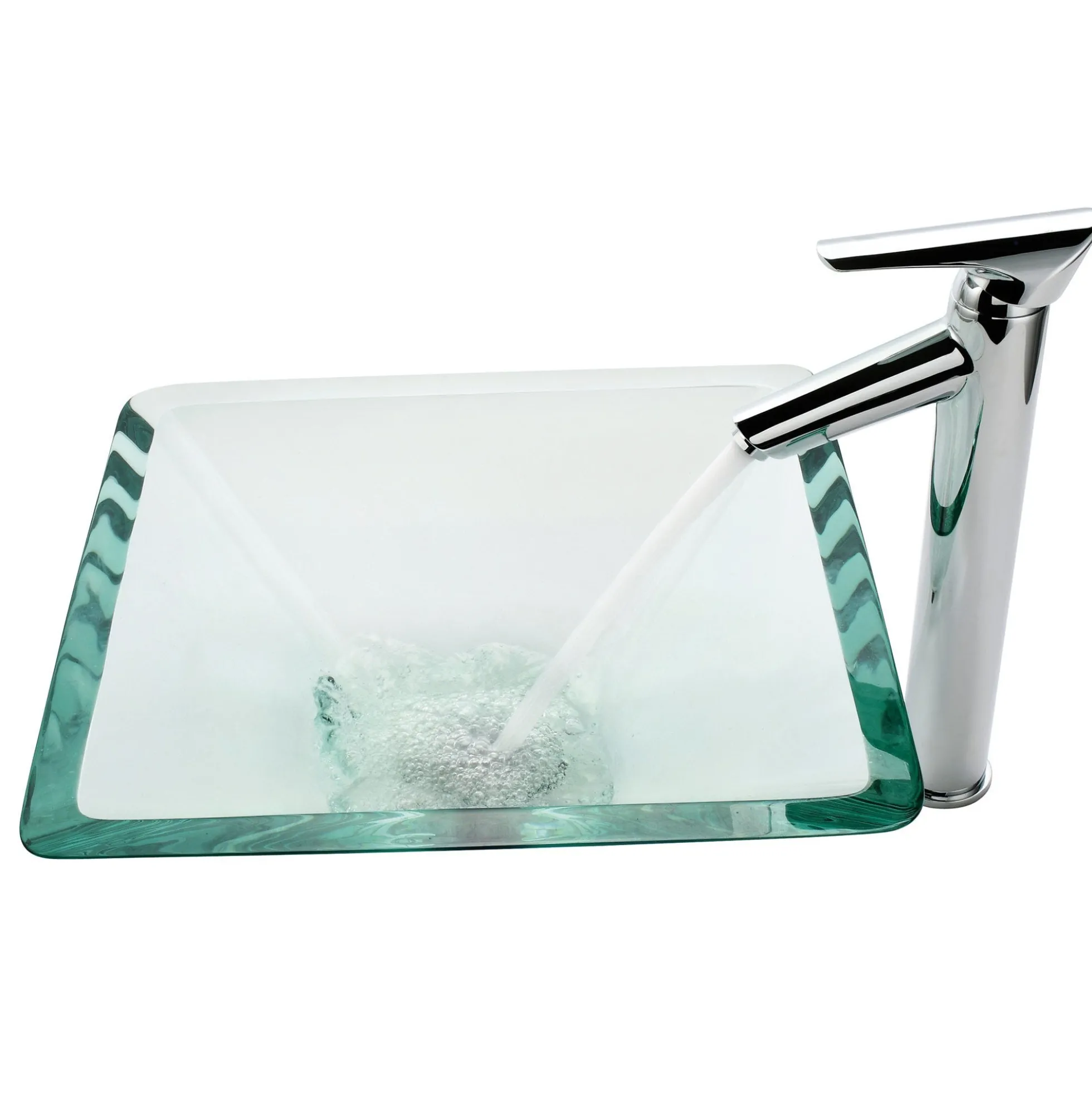 Clear Square Glass Vessel 16 1/2" Bathroom Sink w/ Pop-Up Drain in Satin Nickel