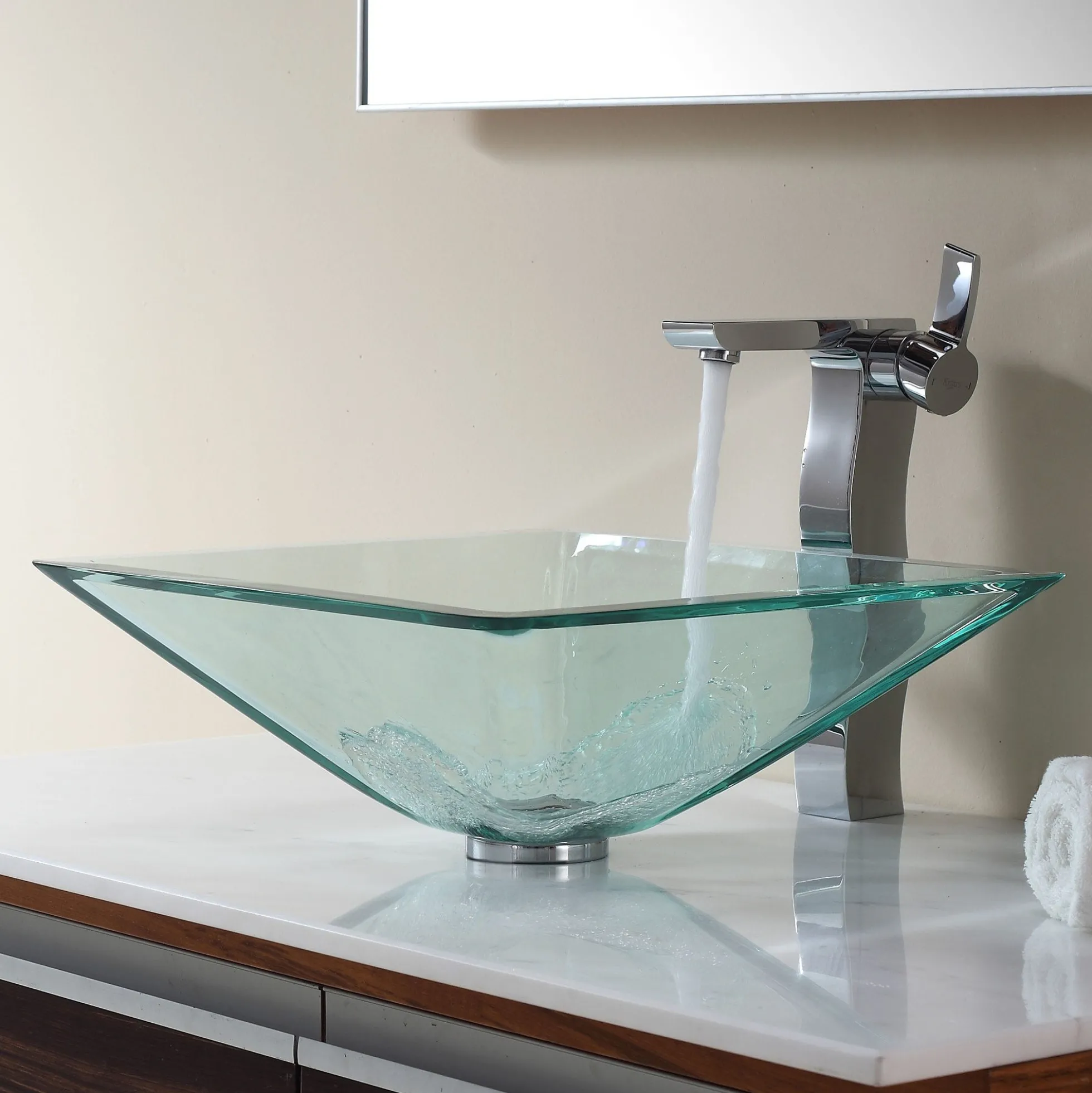 Clear Square Glass Vessel 16 1/2" Bathroom Sink w/ Pop-Up Drain in Satin Nickel
