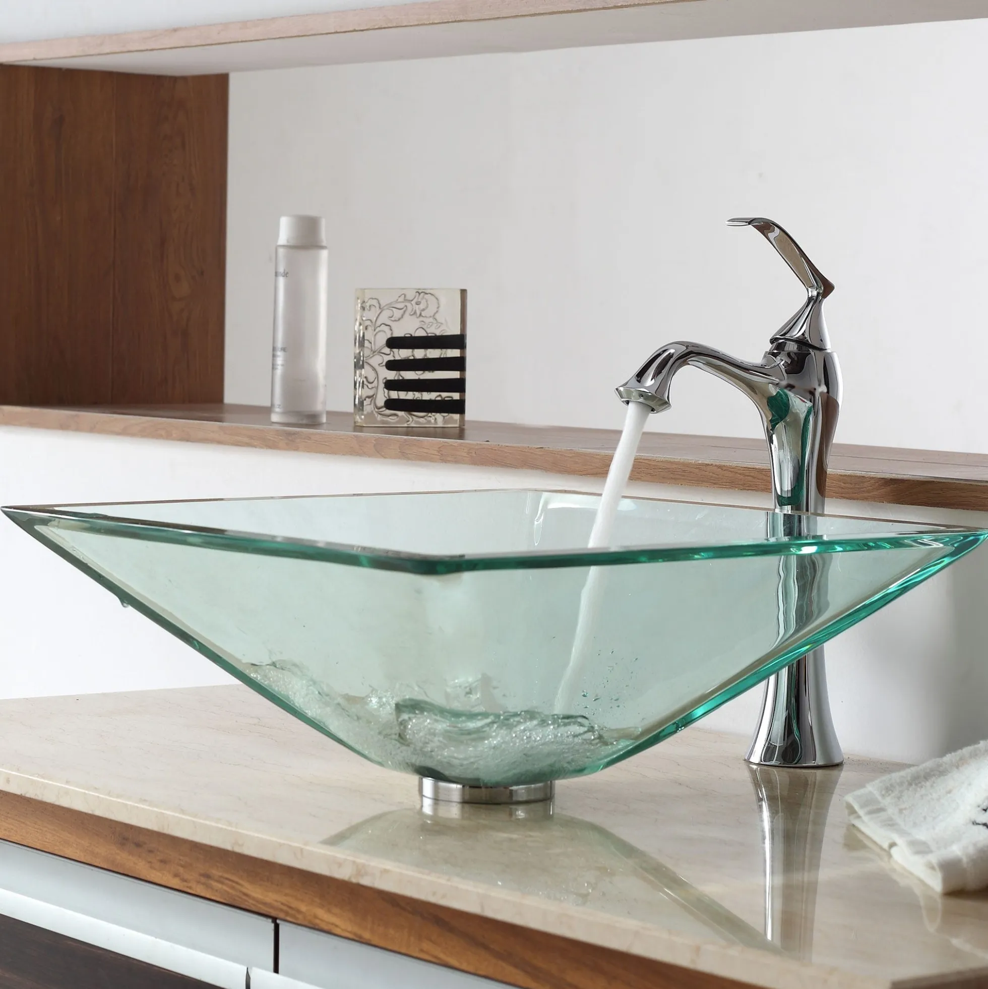 Clear Square Glass Vessel 16 1/2" Bathroom Sink w/ Pop-Up Drain in Satin Nickel