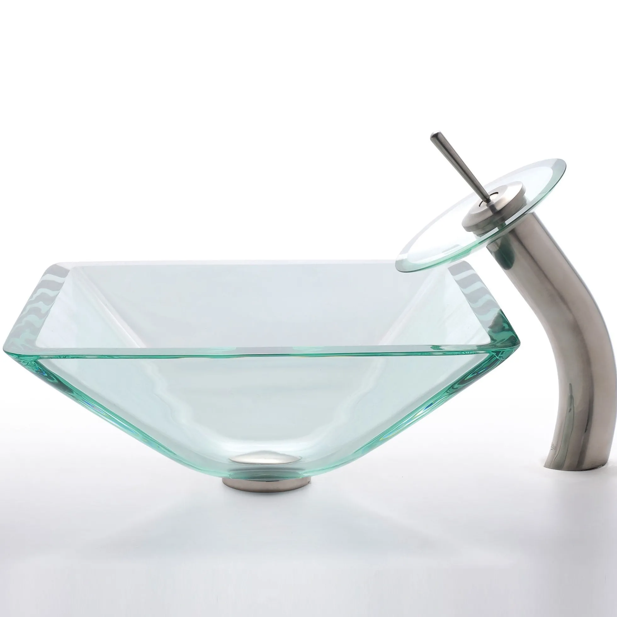 Clear Square Glass Vessel 16 1/2" Bathroom Sink w/ Pop-Up Drain in Satin Nickel