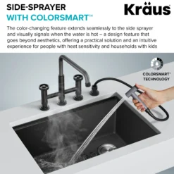 Color-Changing Industrial Bridge Kitchen Faucet with Side Sprayer and ColorSmart™ Technology in Matte Black / Grey