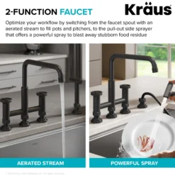 Color-Changing Industrial Bridge Kitchen Faucet with Side Sprayer and ColorSmart™ Technology in Matte Black / Grey