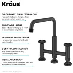 Color-Changing Industrial Bridge Kitchen Faucet with Side Sprayer and ColorSmart™ Technology in Matte Black / Grey