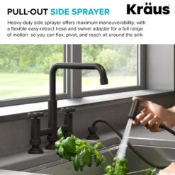 Color-Changing Industrial Bridge Kitchen Faucet with Side Sprayer and ColorSmart™ Technology in Matte Black / Grey